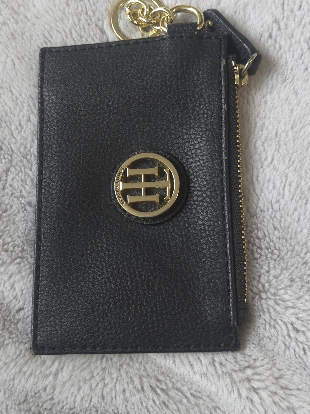 Tommy Hilfiger Black Leather Key Card Wallet with Gold Hardware